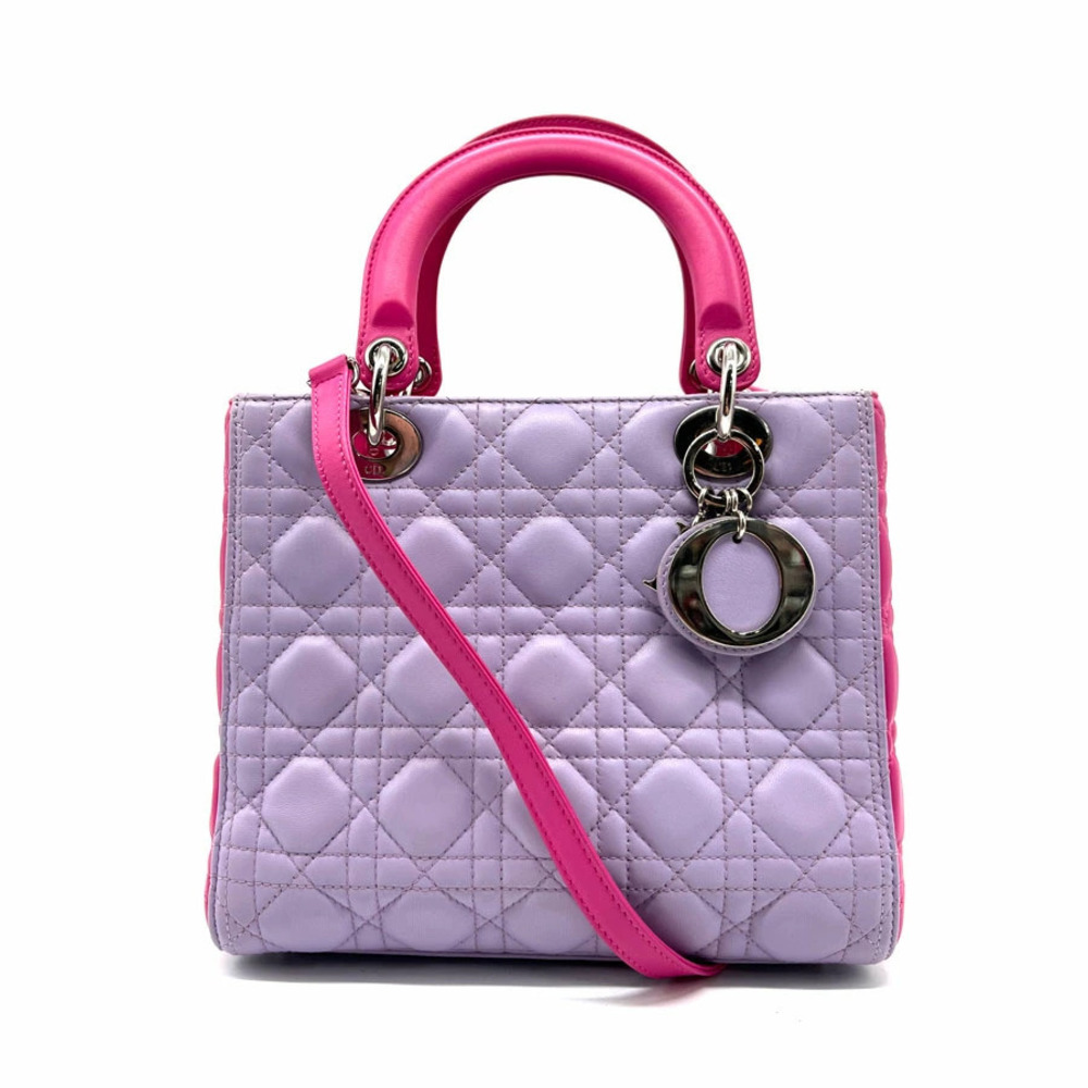 Christian Dior Lady 2way Shoulder Bag lambskin hot pink purple silver